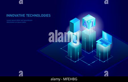 Isometric artificial intelligence business concept. Blue glowing isometric personal information data connection pc smartphone future technology. 3D infographic vector illustration Stock Vector
