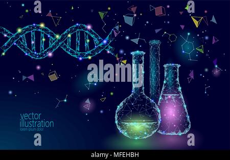 Low poly science chemical glass flasks. Magical equipment polygonal triangle blue glowing research future technology business medicine concept vector illustration Stock Vector