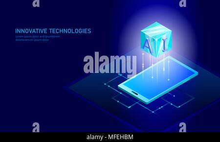 Isometric artificial intelligence business concept. Blue glowing isometric personal information data connection pc smartphone future technology. 3D infographic vector illustration Stock Vector