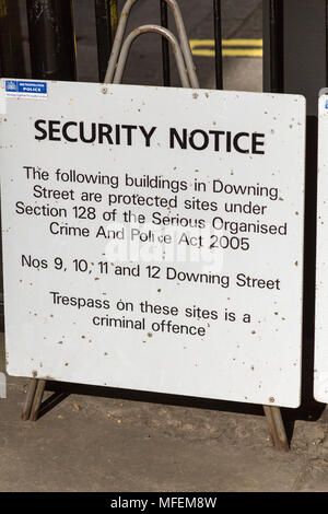 London, United Kingdom - March 27, 2015: A sign warning people that the Prime Ministers residence, Downing Street 9, 10 and 11 are off limits. Stock Photo