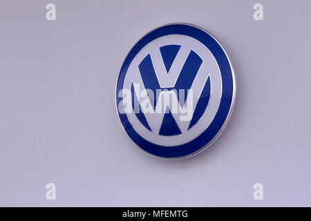 Vilnius, Lithuania- April 12, 2018: Volkswagen logo on dealer building wall. Volkswagen is a German automaker headquartered in Wolfsburg. Stock Photo