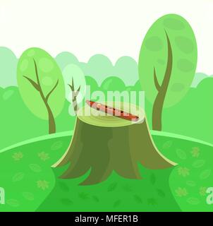 Illustration of whistle on stump in green forest in vintage flat style. Stock Vector