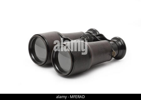 Old black binoculars isolated on white background with clipping path Stock Photo