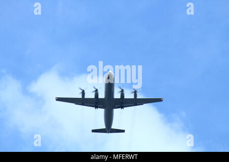 Passenger airplane on background with blue sky and clouds Stock Photo