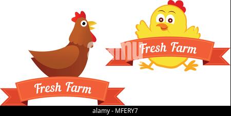 Set of emblems with Chickens and captions Fresh Farm, Vector Illustrations isolated on white background Stock Vector