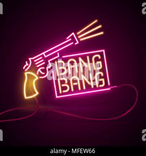 Glowing Neon effect sign. Pair of crossed gun revolver. night club or bar concept. shooter pistols or weapon on dark background. editable vector. Stock Vector