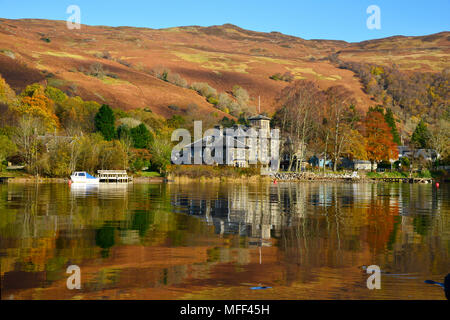 Looking across Loch Earn to St Fillans village, Scotland UK  Autumn colours and reflections clear blue sky sunny day October 2017 Stock Photo