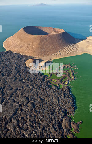 Aerial view of Nabuyatom Crater, south of Lake Turkana, Kenya. Lake Turkana is situatated in the Great Rift Valley in Kenya.  It is the world's larges Stock Photo