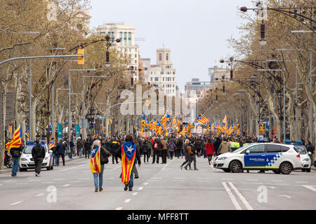 Barcelona, Spain - March 25, 2018: Catalan people at rally demanding independence for Catalonia Stock Photo