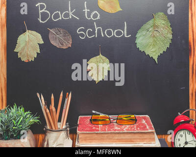 School board, old books, alarm clock, herbarium. Back to school concept Stock Photo