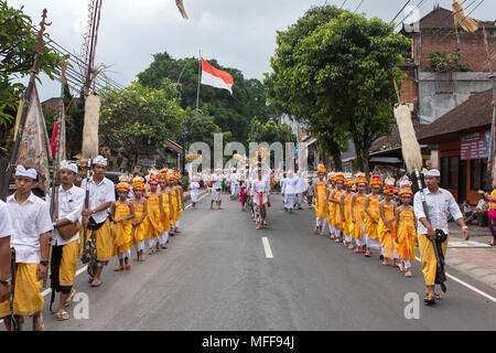 Bali, Indonesia - September 17, 2016: Traditional balinese procession during Galungan celebration in Ubud, Indonesia Stock Photo