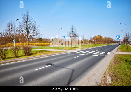 Pedestrian crossing with zebra and road signs. Stock Photo