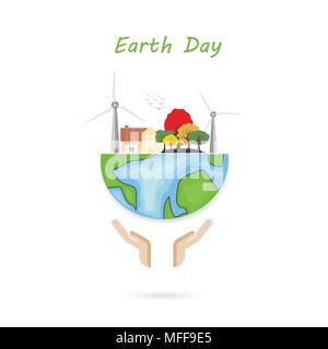 Globe sign and human hand vector logo design template.Earth Day icon.Earth Day idea campaign concept for greeting card,poster,flyer,cover or brochure. Stock Vector