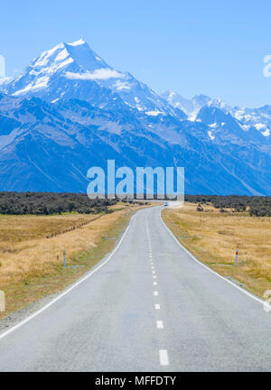new zealand south island new zealand a straight empty road with no traffic in mount cook national park new zealand Stock Photo