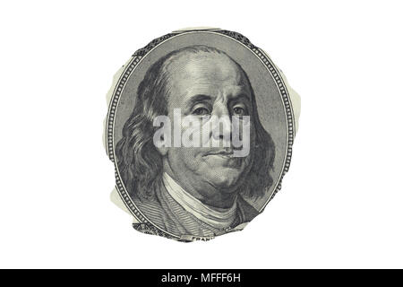Torn and portrait of US diplomat Benjamin Franklin with his look on one hundred dollar banknote, isolated on white background. Stock Photo