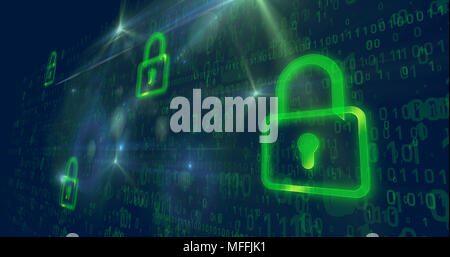 Big green internet padlock on digital in background. Network security concept. Stock Photo