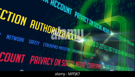 Cyber security buzzwords coding for numbers by green padlock Stock Photo