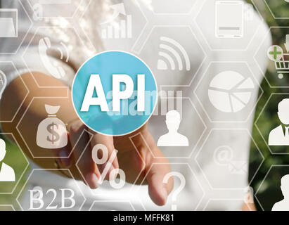 Businesswoman pushes a button API, Application Programming Interface on the touch screen Stock Photo