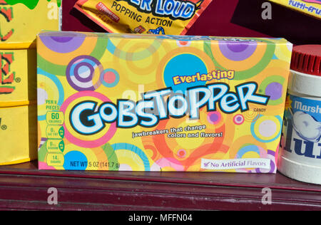 Gobstopper sweets packet in a shop window.