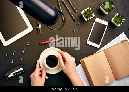 Architect working on blueprint. Architects workplace - architectural project, blueprints, tablet pc. Engineering tools. Top view Stock Photo