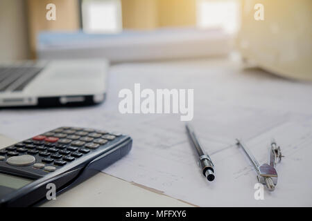 Desk of Engineering Project In Construction Site or Office. Construction Concept. Engineering Tools. Stock Photo