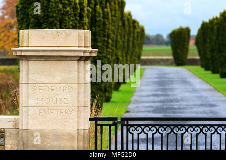 Entrance to Bedford House Cemetery - Commonwealth War Graves Commission (CWGC) Stock Photo
