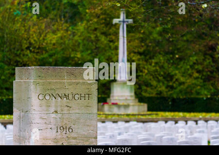 Entrance to Connaught Cemetery with a Cenotaph in the background. Stock Photo