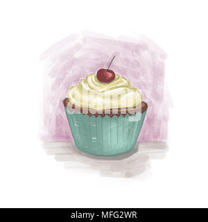 Cute blue and brown cupcake with cream and cherry on top on the white and purple background high resolution illustrationZ Stock Photo