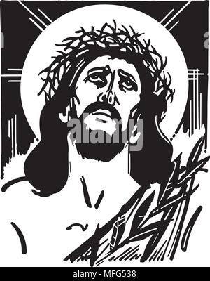 Jesus With Crown Of Thorns - Retro Clipart Illustration Stock Vector