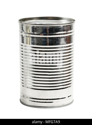 Closed metal tin can on white background. Clipping parh included Stock Photo