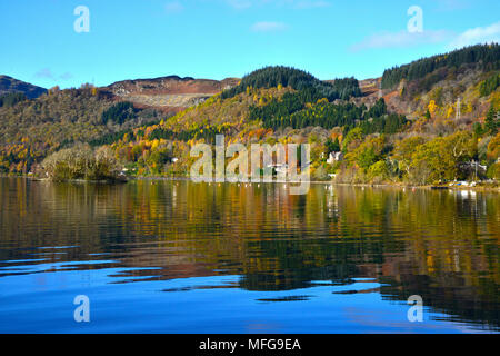 Looking across Loch Earn to St Fillans village, Scotland UK  Autumn colours and reflections clear blue sky sunny day October 2017 Stock Photo