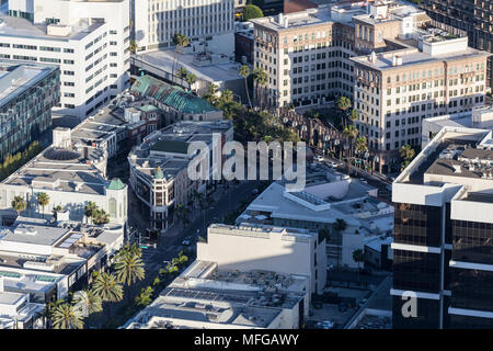 Aerial view of Rodeo Drive at Wilshire Blvd in heart of Beverly Hills upscale shopping district near Los Angeles, California. Stock Photo