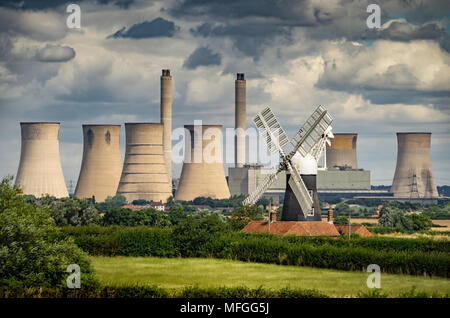 West Burton Power Station and North Leverton Windmill, United Kingdom. Stock Photo