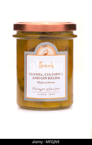 SWINDON, UK - APRIL 25, 2018: Jar of Harrods Fennel, Cucumber and Gin Relish on a white background Stock Photo