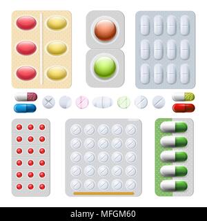 Pills and capsules drugs. Tablet and capsule medicines isolated on white background, vector medication bundle or blister icons Stock Vector