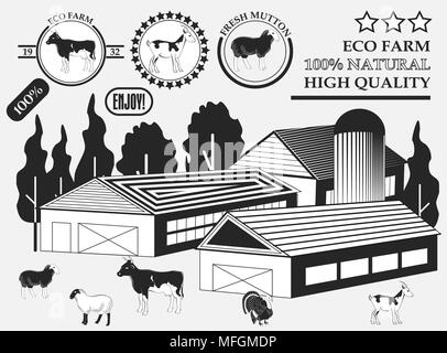 Set of premium Cow, goat, lamb, turkey, beef labels on the farm, badges and design elements. Vector illustration Stock Vector