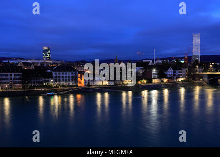 Dusk view over Klein Basel, Mittlere Brücke bridge, river Rhine, city of Basel, Canton Basel Stadt, Switzerland, Europe Stock Photo