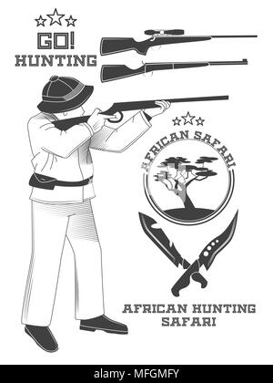 African hunter safari labels, emblems and design elements. Vector illustration Stock Vector