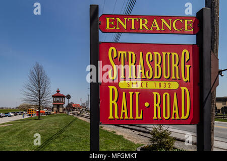 Strasburg, PA, USA - April 14, 2018:  The entrance sign to the Strasburg Rail Road train station in Lancaster County, PA. Stock Photo