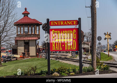 Strasburg, PA, USA - April 14, 2018:  The entrance sign to the Strasburg Rail Road train station in Lancaster County, PA. Stock Photo