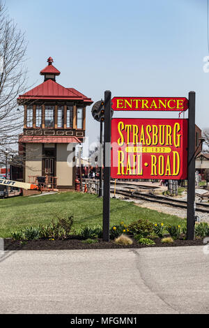 Strasburg, PA, USA - April 14, 2018:  The entrance sign to the Strasburg Rail Road train station in Lancaster County, PA. Stock Photo