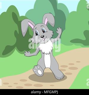 Cheerful rabbit walks on a path in the woods. Vector illustration Stock Vector