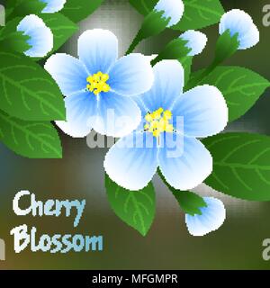 Flowering cherry. Blue flowers on a branch with green leaves and place for text. Vector illustration Stock Vector