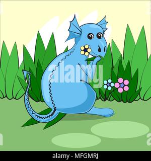 Cute dragon sitting on a green meadow with flowers and eats grass. Vector illustration Stock Vector