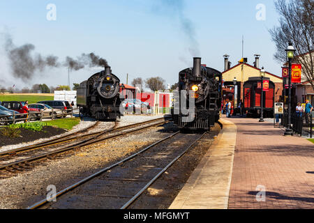 Strasburg, PA, USA - April 14, 2018:  The Strasburg Rail Road runs steam locomotives at the train station in Lancaster County, PA. Stock Photo