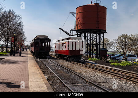 Strasburg, PA, USA - April 14, 2018:  The Lancaster, Oxford, and Southern Tolley Car operates at the Strasburg Rail Road station. Stock Photo