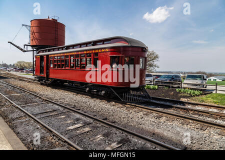 Strasburg, PA, USA - April 14, 2018:  The Lancaster, Oxford, and Southern Tolley Car operates at the Strasburg Rail Road station. Stock Photo