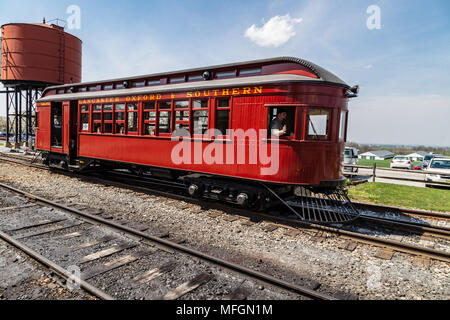 Strasburg, PA, USA - April 14, 2018:  The Lancaster, Oxford, and Southern Tolley Car operates at the Strasburg Rail Road station. Stock Photo