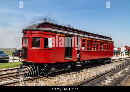 Strasburg, PA, USA - April 14, 2018:  The Lancaster, Oxford, and Southern Tolley Car operates at the Strasburg Rail Road station. Stock Photo