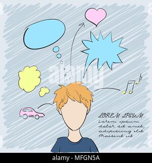 Silhouette of a beautiful boy with thoughts about everything. Vector illustration Stock Vector